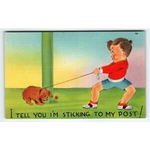 Vintage Linen Postcard Boy and Dog Comic Saying 1950s Asheville NC
